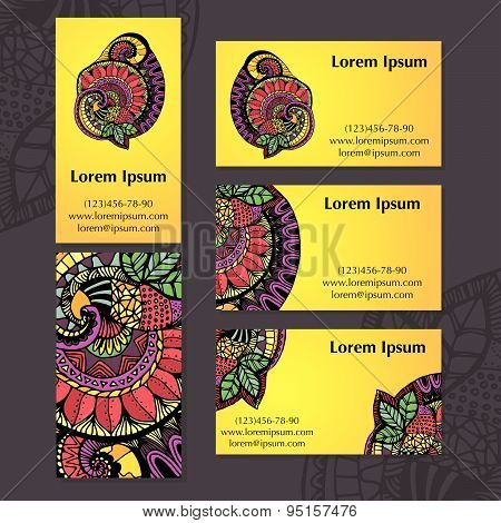 Indian Ethnic Ornament. Set Of Business Cards. Vector Illustration.