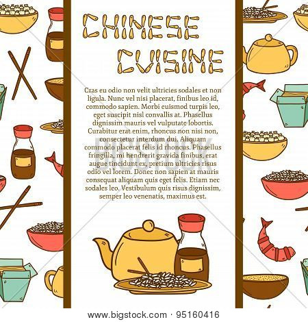 Vector template with cute modern hand drawn cartoon objects on chinese food theme with seamless background: rice, teapot, chinese pasta, soy sause, soup, chinese sticks, chinese dumpling, shrimp. Vector ethnic chinese cuisine concept