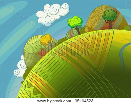 Round Green Hills With Trees And Sky With Clouds.