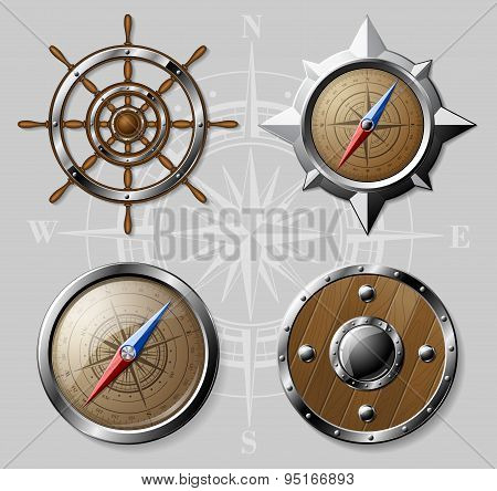 Set of Wooden Nautical elements isolated on white
