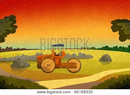 Sunset In The Fields With Farming Vehicle.