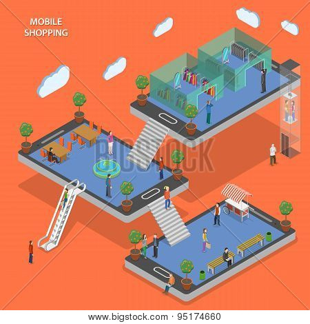 Mobile shopping flat isometric vector concept.