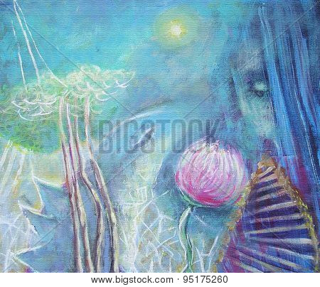 Abstract Acrylic Painting. Clower, Dragon And Girl