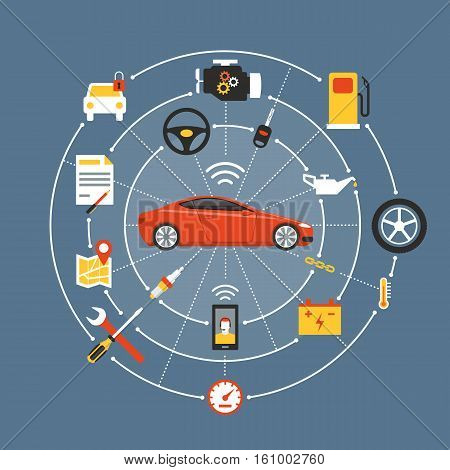 Car mainteinance and repair concept red luxury car surrounded by auto parts tools and icons