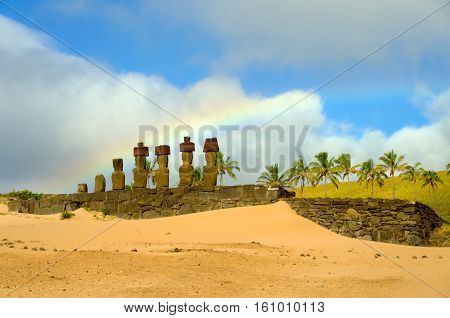 Rainbow over Moai at Anakena Beach on Easter Island Chile