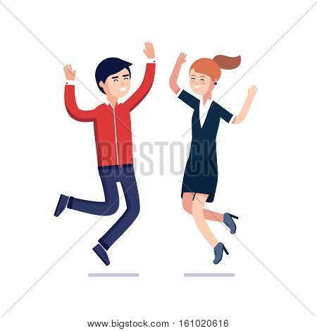 Happy jumping business people celebrating their success. Dancing businessman couple. Modern colorful flat style vector illustration isolated on white background.