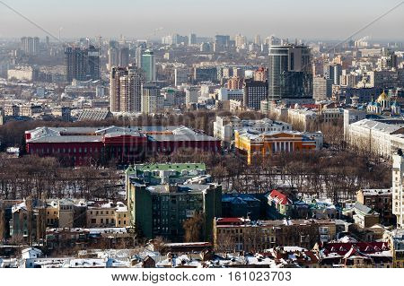 Top view of the Red University Building, the Library name Maksimovic and the old part of the city of Kiev, Ukraine  in winter day.