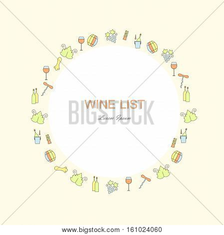 Wine list restaurant menu template. Line style green, blue, red, yellow icons on white circle, light pink frame. Perfect wine design element stock vector illustration