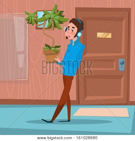 Business Man Hold Plant Office Stuff Recruitment New Job Position Vacancy Flat Vector Illustration