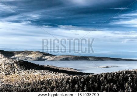 Fantastic Aerial Infrared View Of Mountain Landscape With Sea Of Fog
