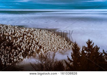 Fantastic Aerial Infrared View Of Mountain Landscape With Sea Of Fog
