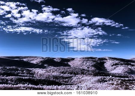 Fantastic Aerial Infrared View Of Mountain Landscape With Sea Of Fog