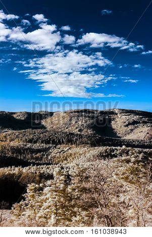 Fantastic Aerial Infrared View Of Mountain Landscape With Sea Of Fog
