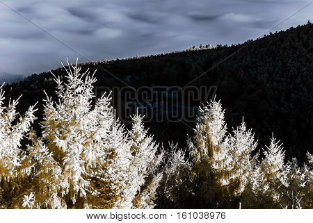Fantastic Aerial Infrared View Of Mountain Landscape With Sea Of Fog