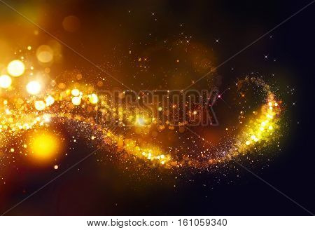 Golden Christmas and New Year glittering stars swirl on black bokeh background. backdrop with sparkling golden stars, holiday garland, magic glowing dust, lights. Gold Abstract Glitter Blinking sparks