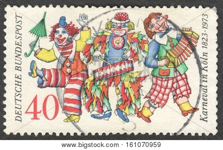 MOSCOW RUSSIA - CIRCA NOVEMBER 2016: a post stamp printed in GERMANY dedicated to the 150th Anniversary of the Carnival in Cologne circa 1972