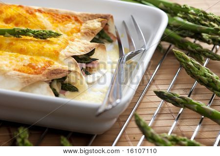 gebakken tortilla's met groene asperges en ham