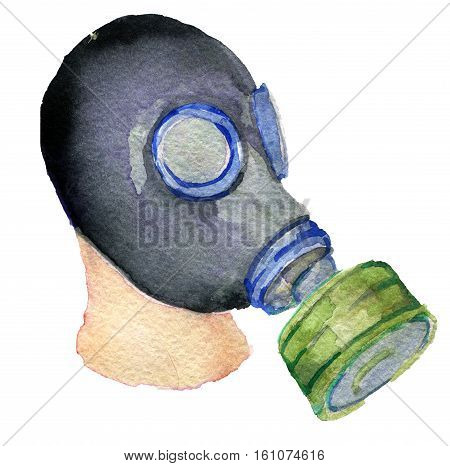 watercolor sketch of gas mask on white background