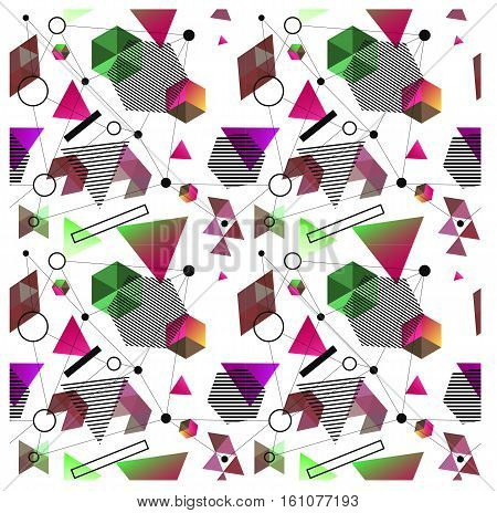 Seamless primitive geometric patterns of minimalism. The era 80's - 90's years design style. Randomly scattered geometric shapes. Rectaingel, circles, waves. 1980s 1990s style.