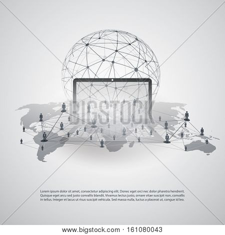 Abstract Cloud Computing and Global Network Connections Concept Design with Transparent Geometric Mesh and Notebook - Illustration in Editable Vector Format