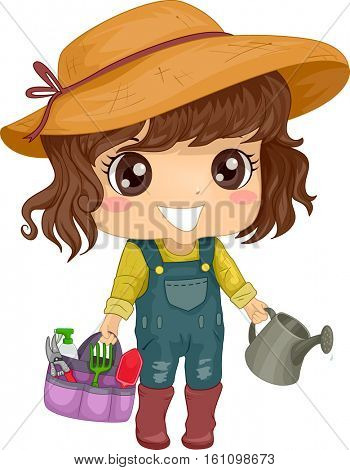 Illustration of a Little Girl in a Jumper and a Sun Hat Carrying Gardening Tools
