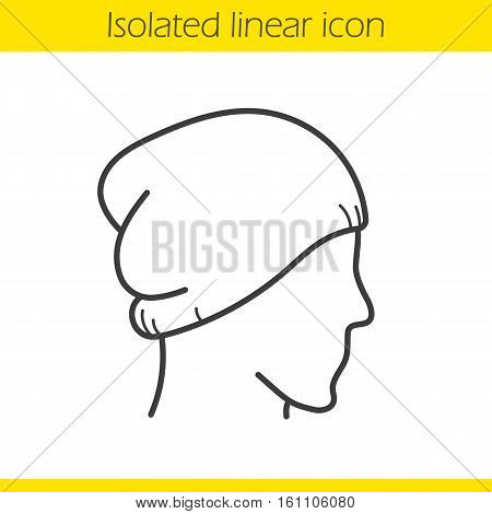 Winter hat linear icon. Thin line illustration. Ski cap on mannequin's head. Contour symbol. Vector isolated outline drawing
