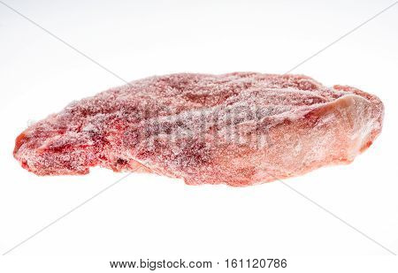 Frozen Raw Pork Neck Chops Meat Steak Isolated On White.