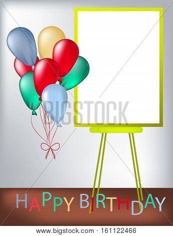 Birthday greeting card with frame for some text colored balloons and gift box. Eps10.