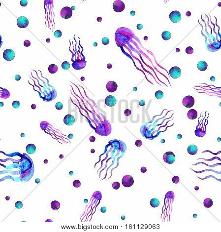 Hand drawn jellyfish. Watercolor pattern. Sea seamless element. Design on white background. Unusual and modern. For textile, fabric and wallpaper. Blue pink violet color