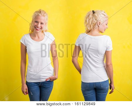 Woman in white round nect T-shirt on yellow background
