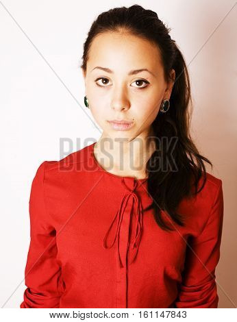young pretty brunette woman smiling happy on white background, livestyle people concept close up