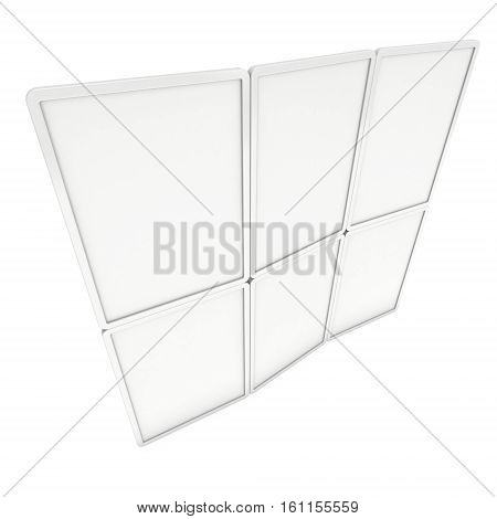 Blank Fold Up Banner Stands. Trade show booth white and blank. 3d render illustration isolated on white background. Template mockup for your design.