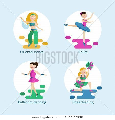 Set of vector icons. Types of dance styles for girls.