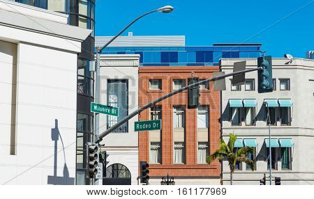 Wilshire blvd and Rodeo drive crossroad in Beverly Hills California