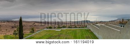 Panoramic view of the Sea of Galilee in winter cloudy day from Domus Galilaeae on the Mount of Beatitudes, Israel