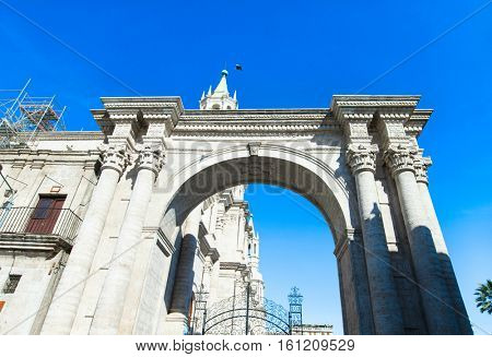AREQUIPA PERU NOVEMBER 9: Main square of Arequipa with church on november 9  2015 in Arequipa Peru. Arequipa's Plaza de Armas is one of the most beautiful in Peru.