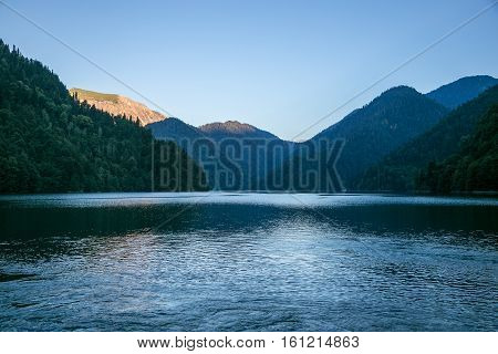 Highland lake Ritsa and mountains in the morning, Abkhazia