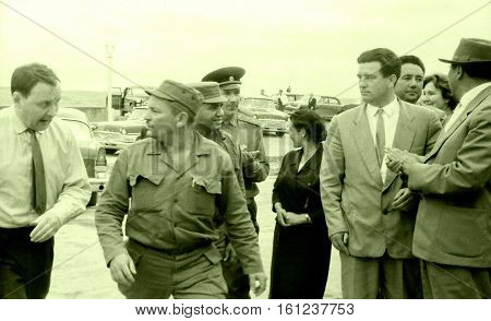 Yangiyer Uzbekistan - May 10 1963: Cuban Comandante Guillermo Garcia and other persons accompanying Fidel.
