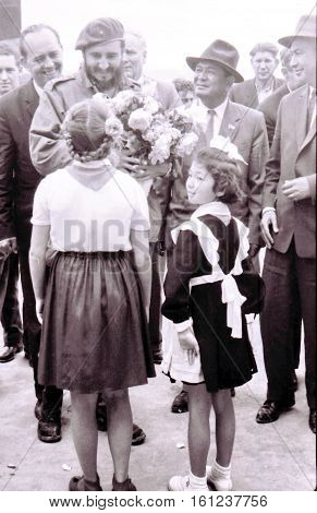 Yangiyer Uzbekistan - May 10 1963: Pioneer girls meet Fidel Castro.