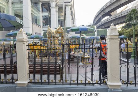 BANGKOKTHAILAND - NOV 26 : outside scene of Erawan shrine at Ratchaprasong Junction on november 26 2016 Thailand. Erawan shrine is famously sacred place in bangkok
