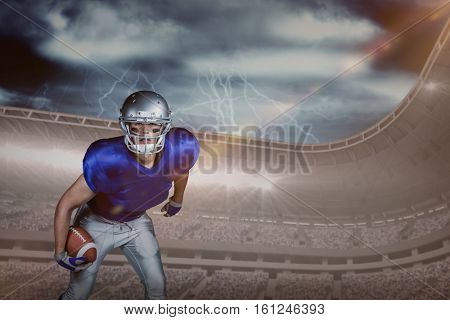 3D Portrait of American football player in uniform playing against thunderstrom with clouds