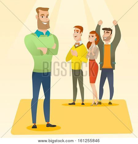 Audience applauding at business conference. Caucasian businessmen applauding at business seminar. Cheerful businessmen applauding during presentation. Vector flat design illustration. Square layout.