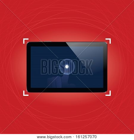 Digital tablet with shiny sensor screen with touch hand on elegant abstract red background. Electronic smart device. Mobile gadget. Vector illustration