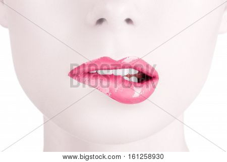 Smiling young girl. Beauty face closeup. Sexy lips. Beauty pink lip makeup detail. Beautiful make-up close-up. Sensual open mouth. Lipstick and lipgloss