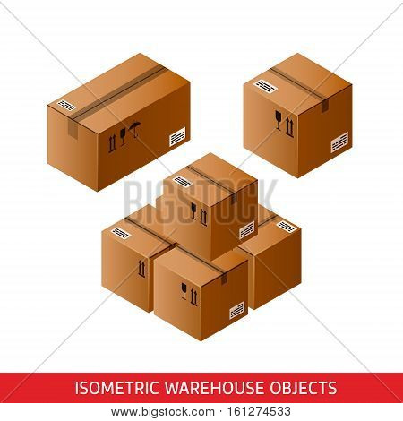 Isometric cardboard boxes sealed with Tape Dispenser. 3D vector warehouse objects isolated on white. Delivery shipping packaging concept. Storage items. Brown carton crates. Logistic theme