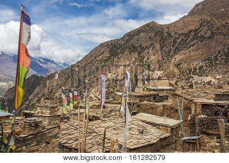 Upper Pisang village on the Annapurna Circuit Trek in the Himalayas, Nepal