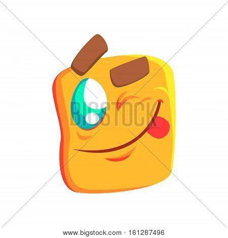 Yellow Winking Emoji Cartoon Square Funny Emotional Face Vector Colorful Isolated Sticker. Comic Childish Character Head With Facial Expression For Emoticon Icon.