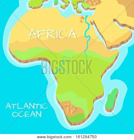 Africa isometric map with natural attractions. Cartography nature concept. Geographical map with local relief. Africa continent between Indian and Atlantic ocean. Vector illustration