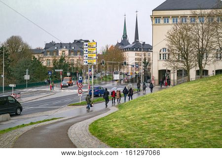 Luxembourg: view on the Boulevard Franklin Delano Roosevelt of the judiciary city. Luxembourg City, Luxembourg - April 4 2016.