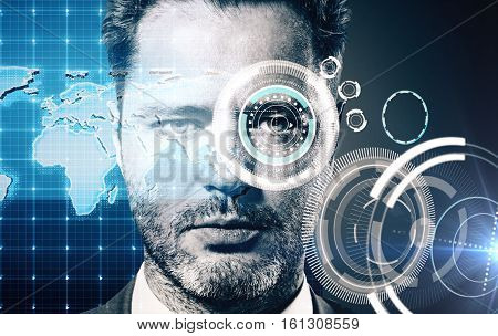 Portrait of male with abstract digital pattern on eye. Security scanning concept
